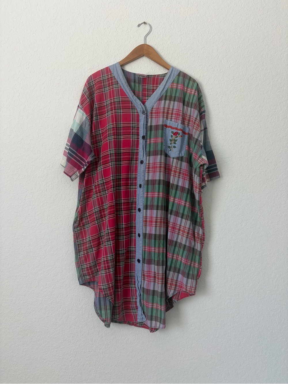 Vintage Oh! Plaid Short-Sleeve Button Front Dress Slip Pink & Green